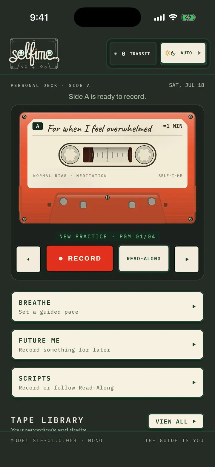 Selfime personal meditation deck showing a cassette in dark mode