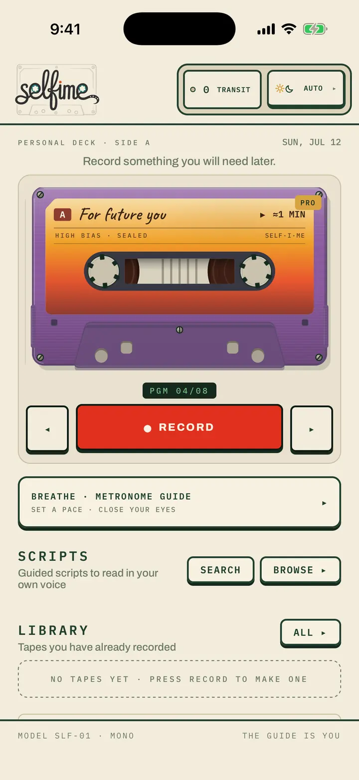 Selfime deck — a sealed tape for future you, ready to record