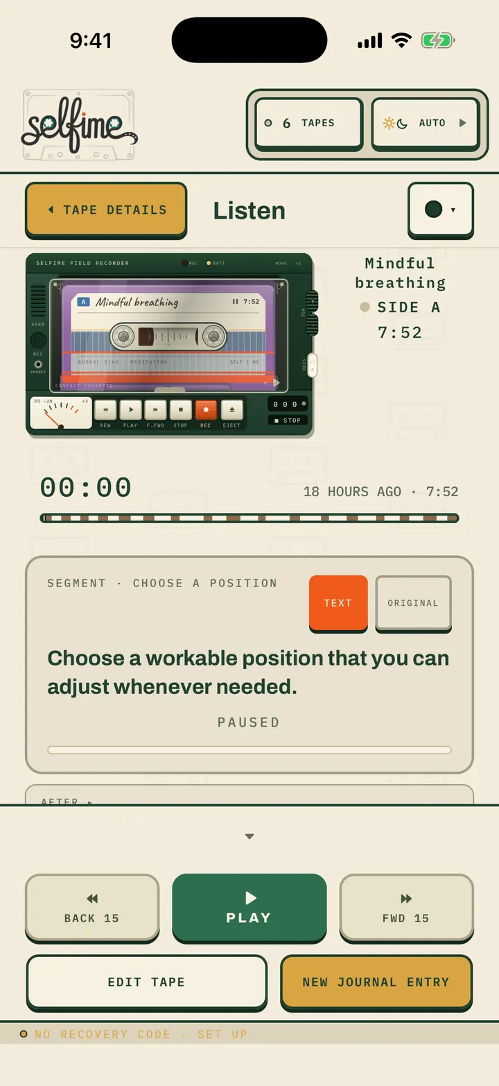 Tape player with a cassette seated in the Selfime field recorder