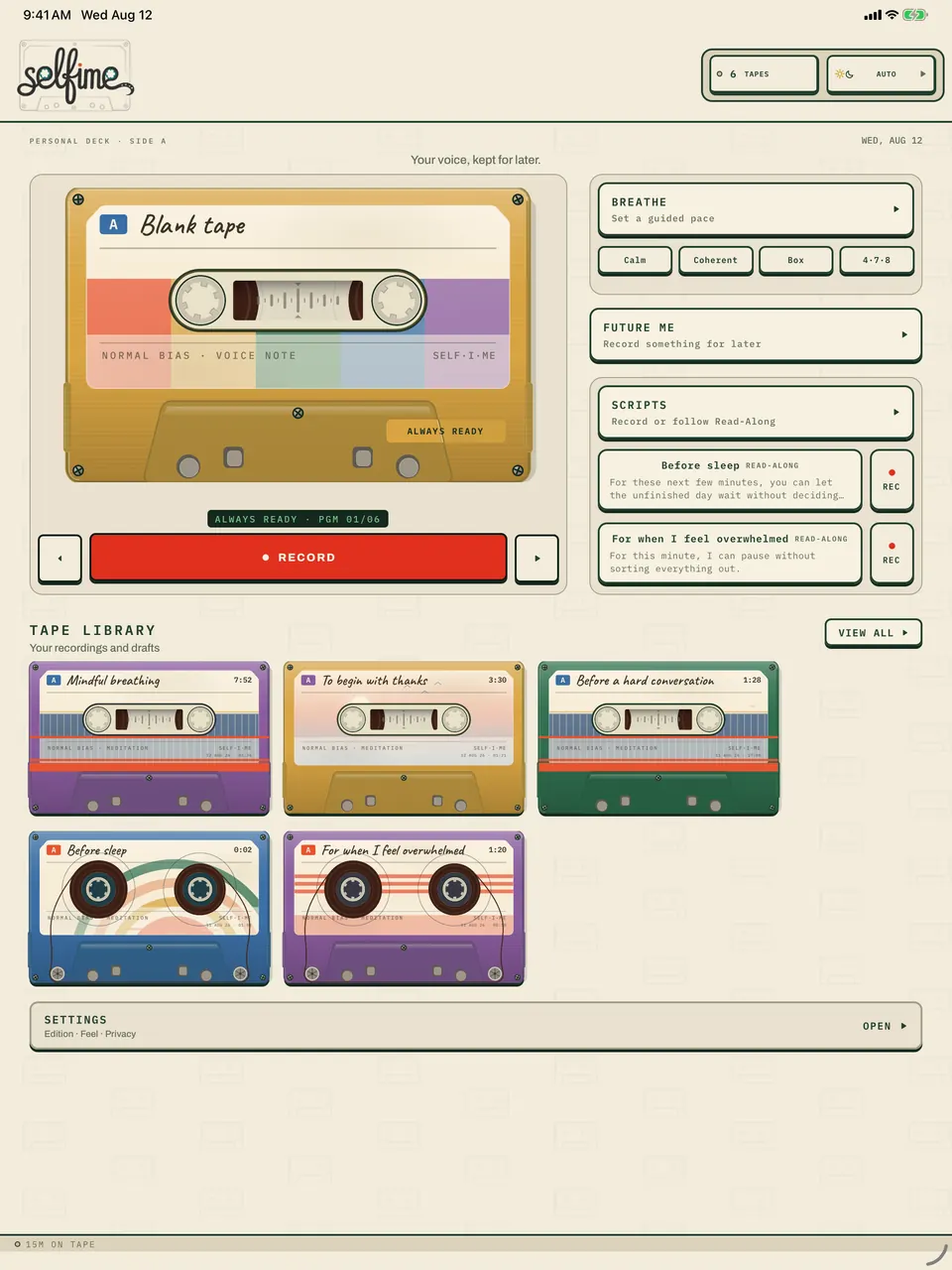 Selfime tablet deck showing a guided meditation cassette and the private tape library together