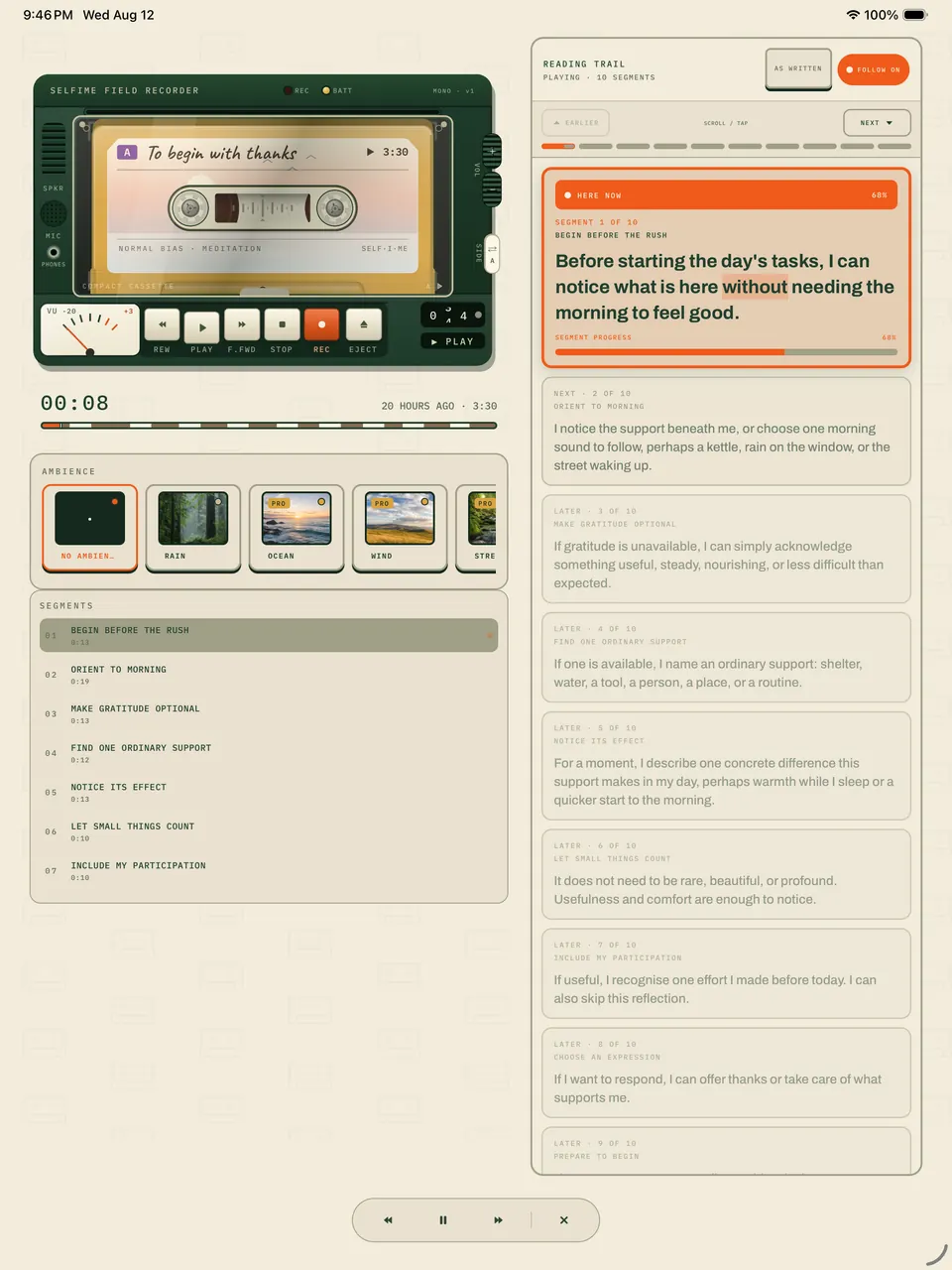 Read-Along meditation card arranged in Selfime’s spacious tablet layout