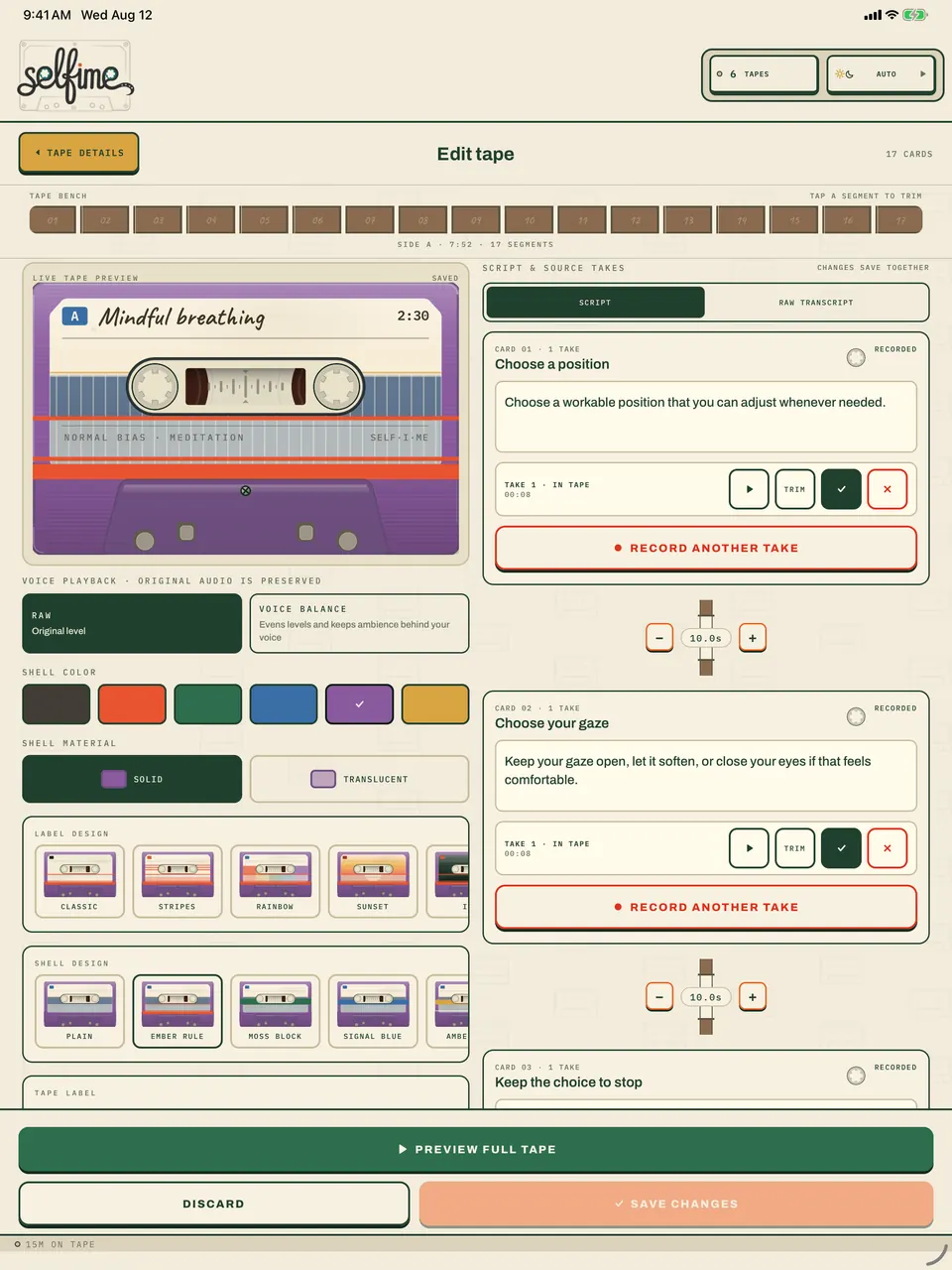 Takes and Sound editing workspace with waveforms and recorded cards arranged across two tablet panes