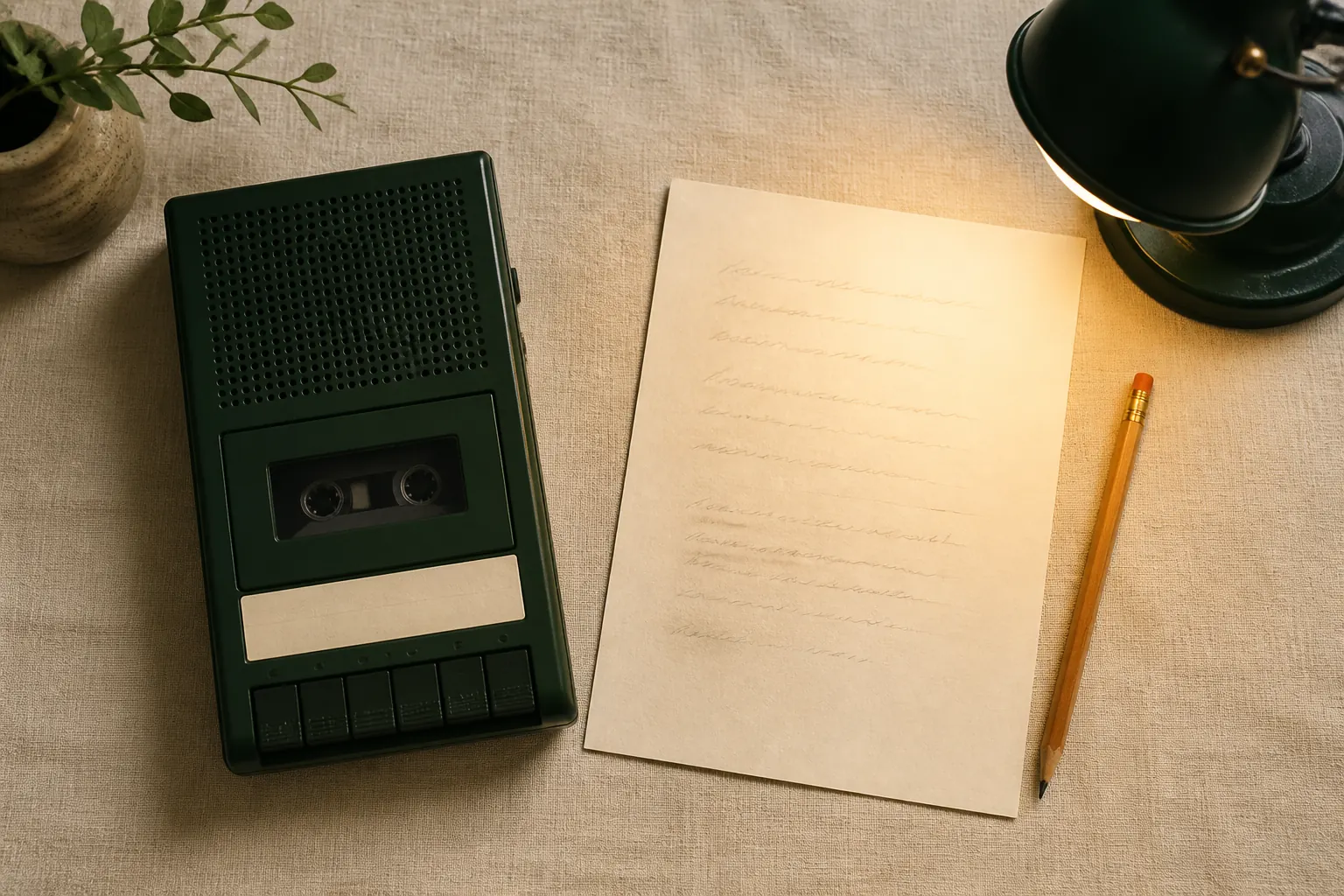 A cassette recorder, a handwritten script page, and a pencil on a desk under a warm lamp