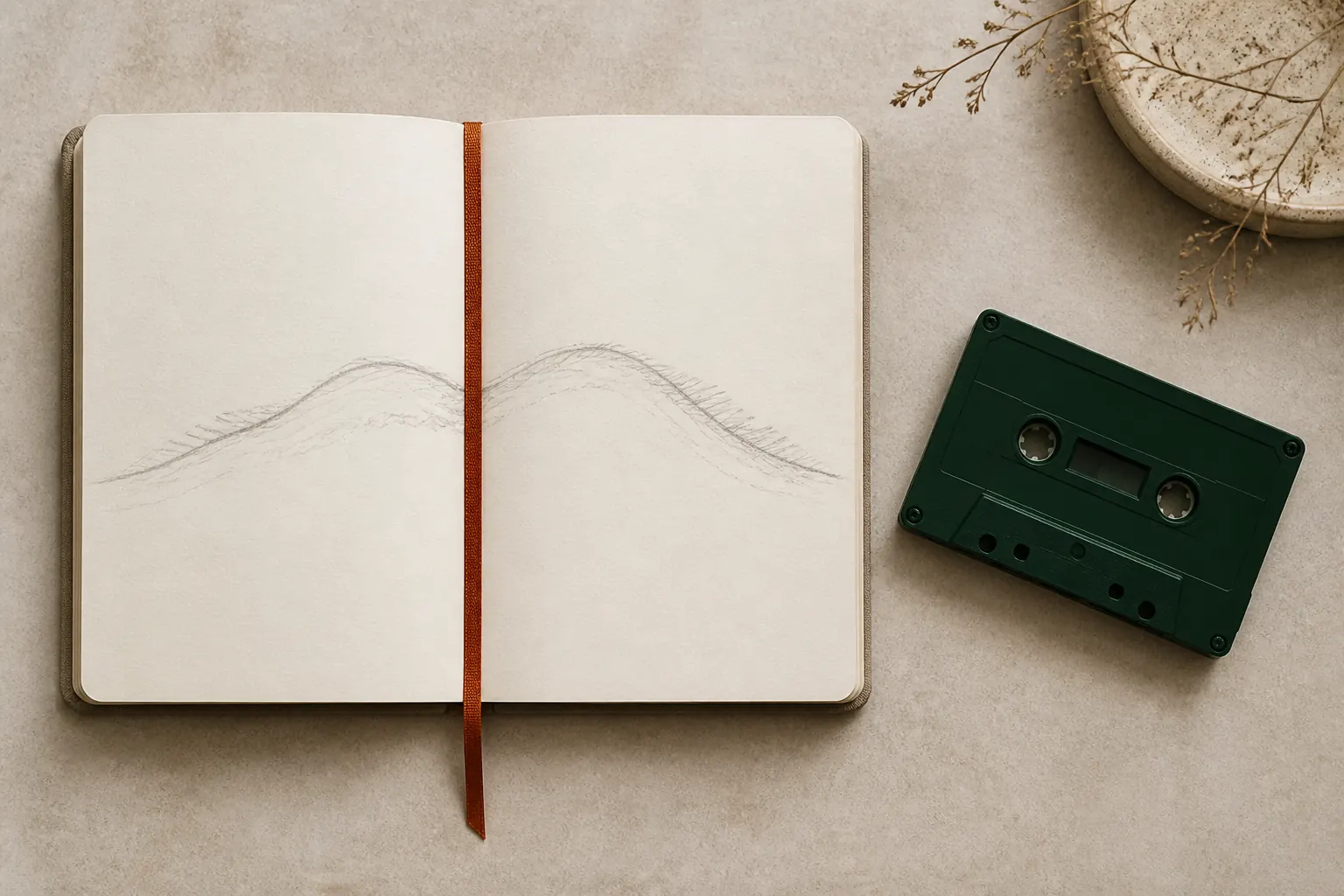 An open notebook with a pencil-drawn arc across the page, a cassette tape beside it