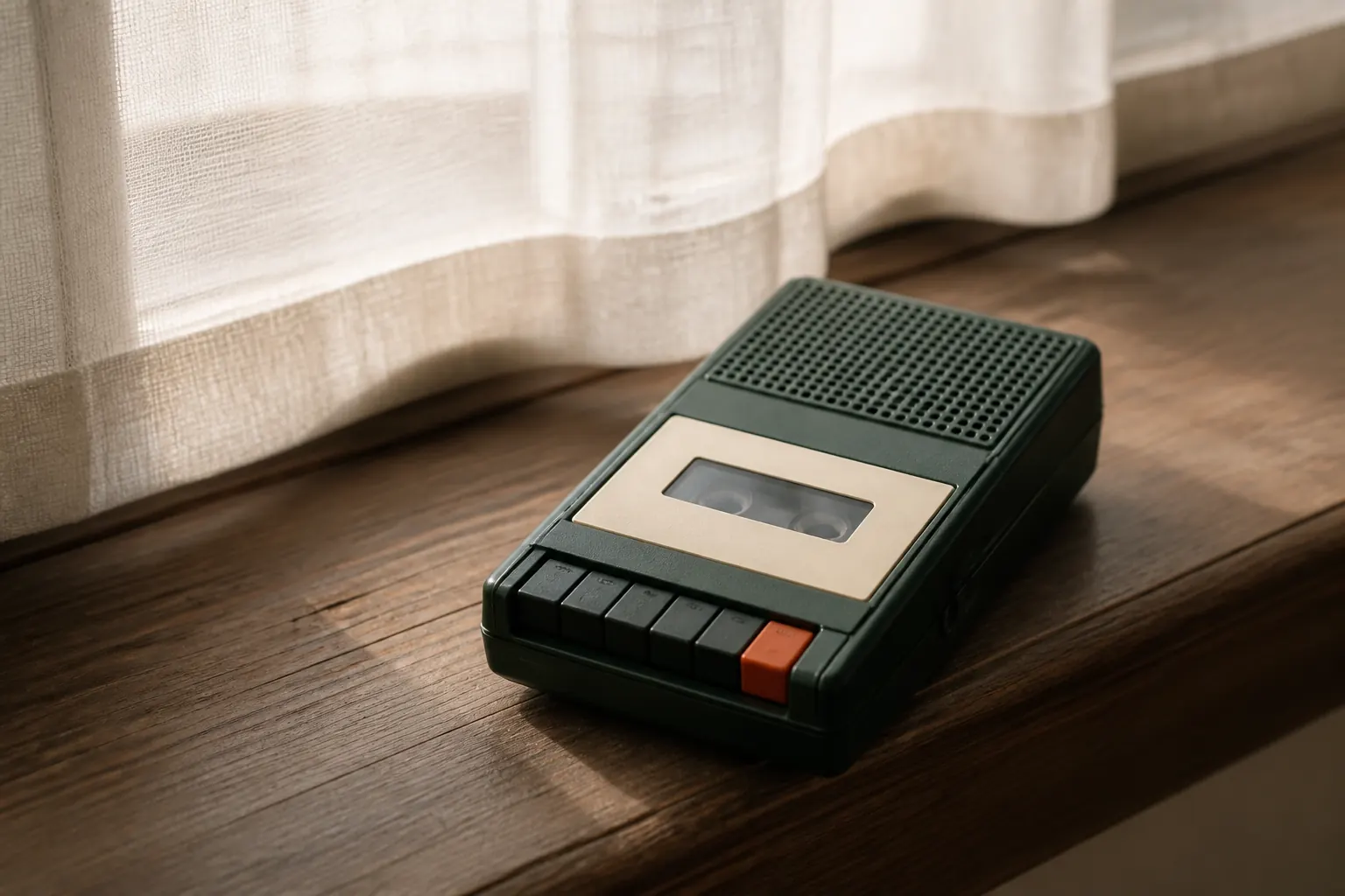 A small handheld cassette recorder on a wooden windowsill in morning light