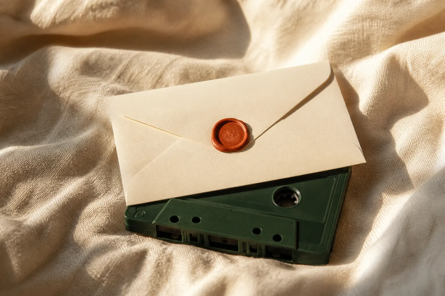 A sealed cream envelope with an orange wax seal resting on a green cassette tape